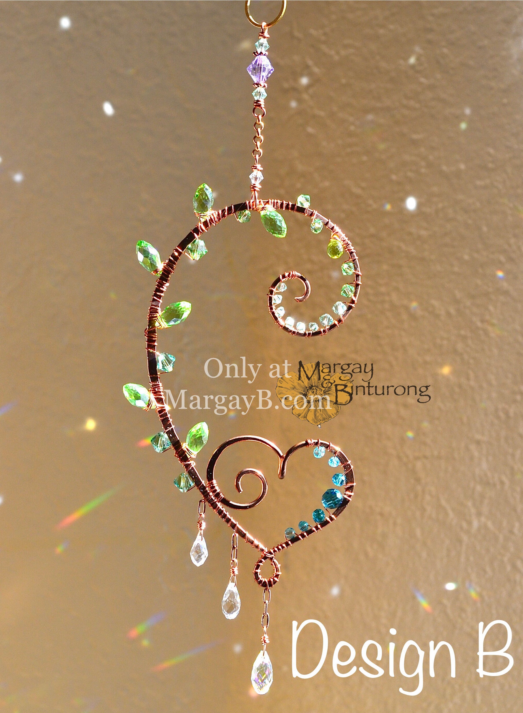 New Beaded Heart Sun Catcher w/ Wire Wrapped Beads, Seed Beads Wrap Outside  Edge