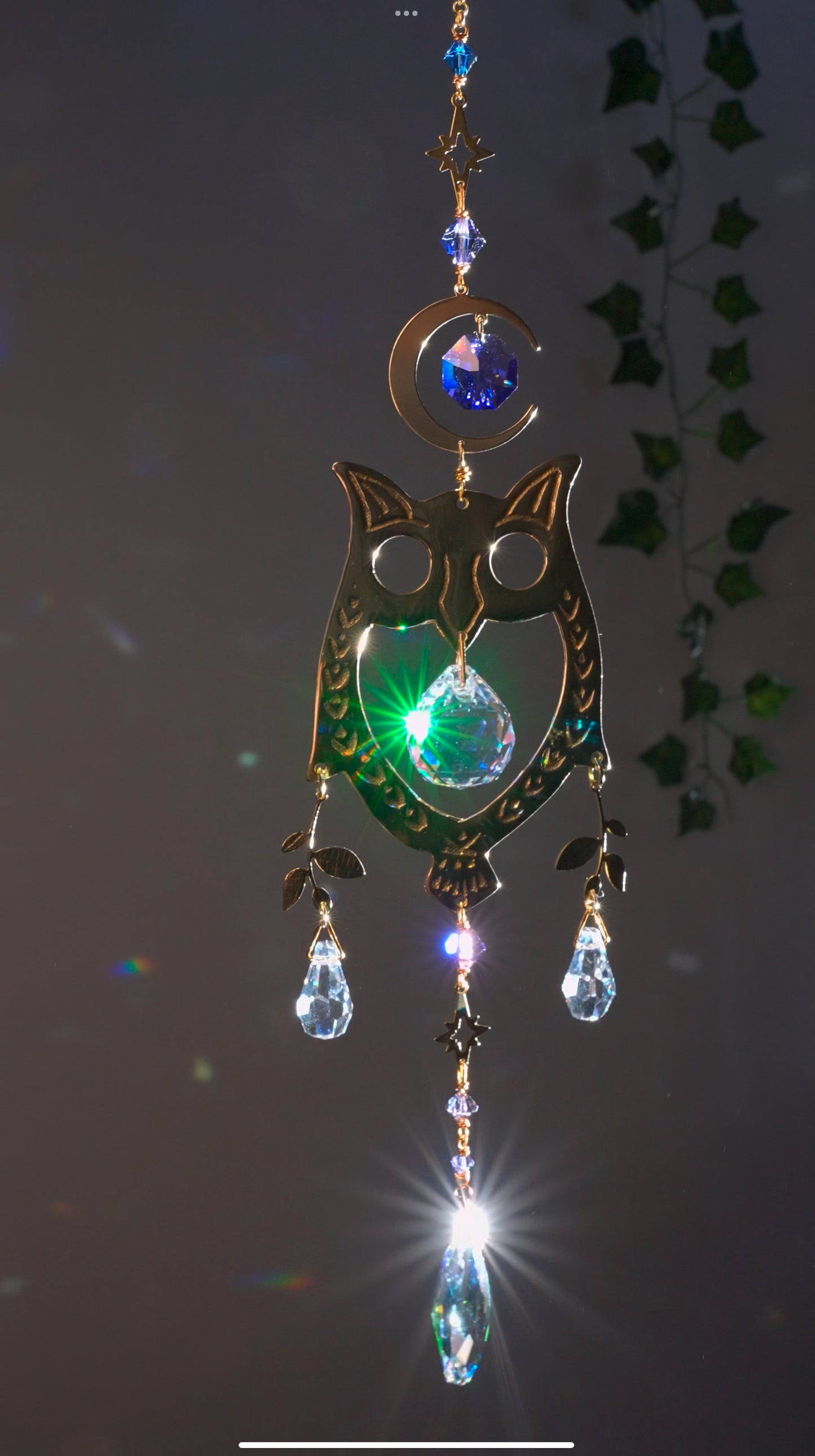 "Night Owl" ~ Mini Suncatcher, boho witchy room decor made with Brass and Crystal Prisms