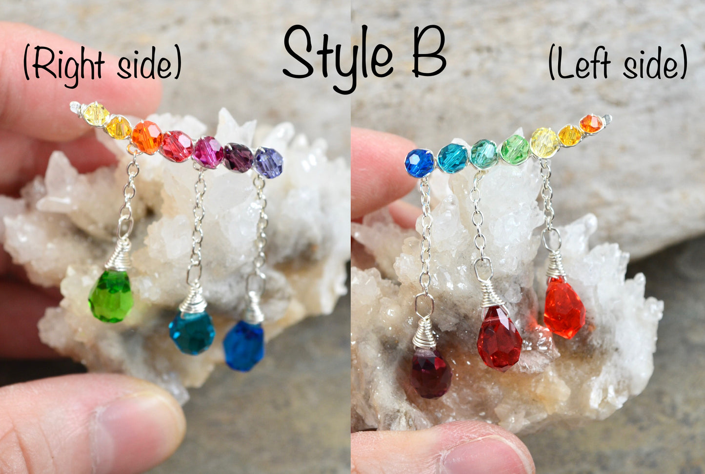 Rainbow Crystal dangly Ear Climbers in Sterling Silver or 14k Gold Fill, asymmetrical Crystal prism lgbtq pride ombré earrings