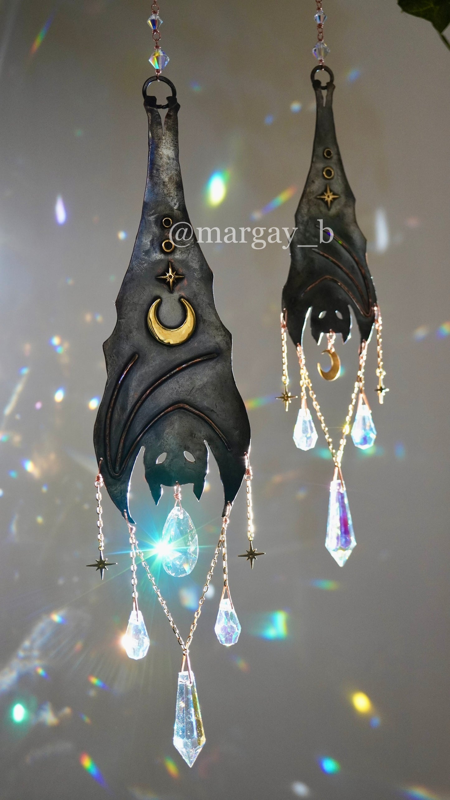 Nocturne~ Set of 2 Larger + Mini Hanging Bats ~ Copper Crystal Suncatcher, witchy Halloween celestial room decor rainbow maker