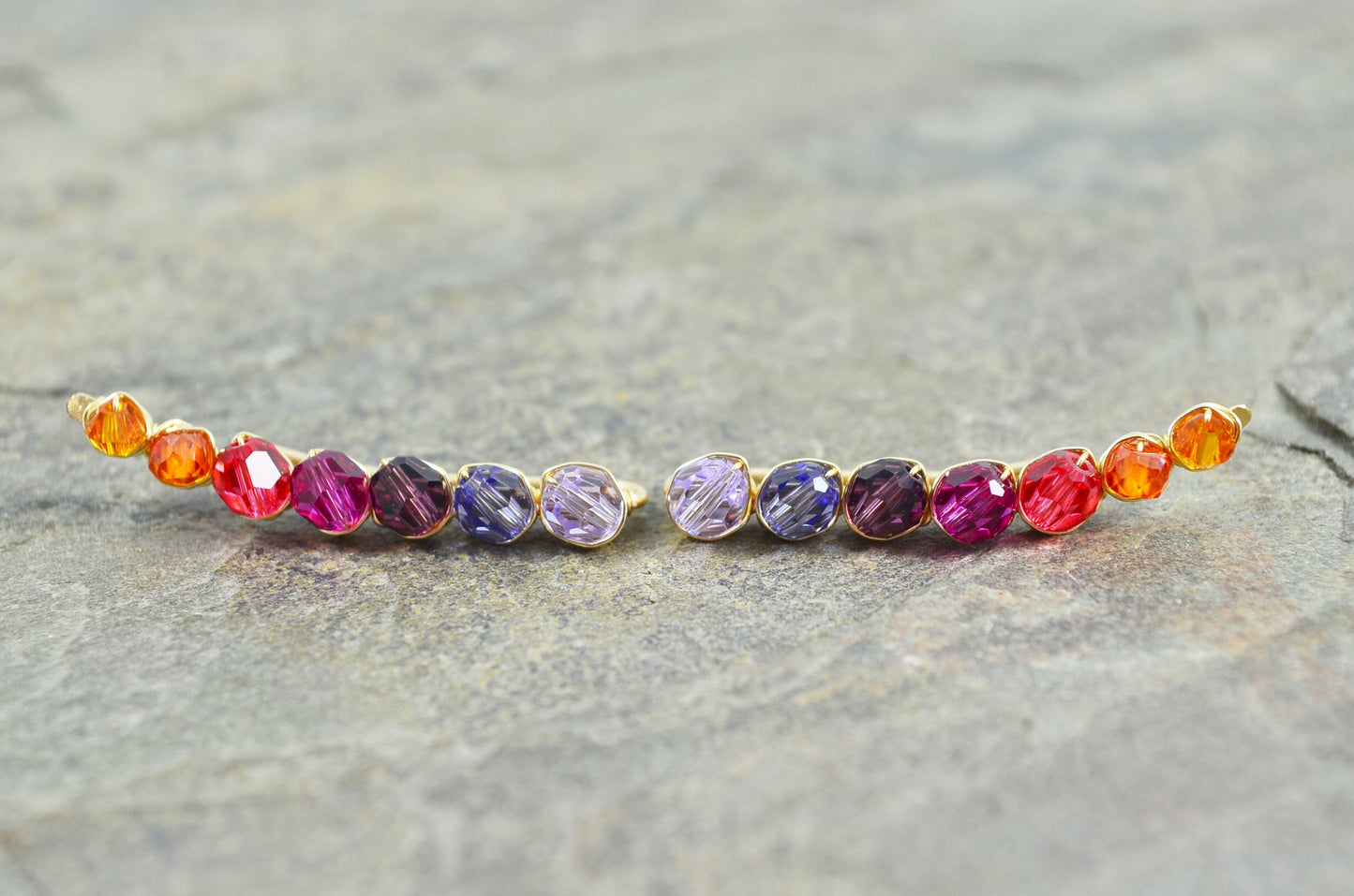 Sunset inspired ombré Crystal Ear Climbers in Sterling Silver or 14k Gold Fill, ear crawler earrings