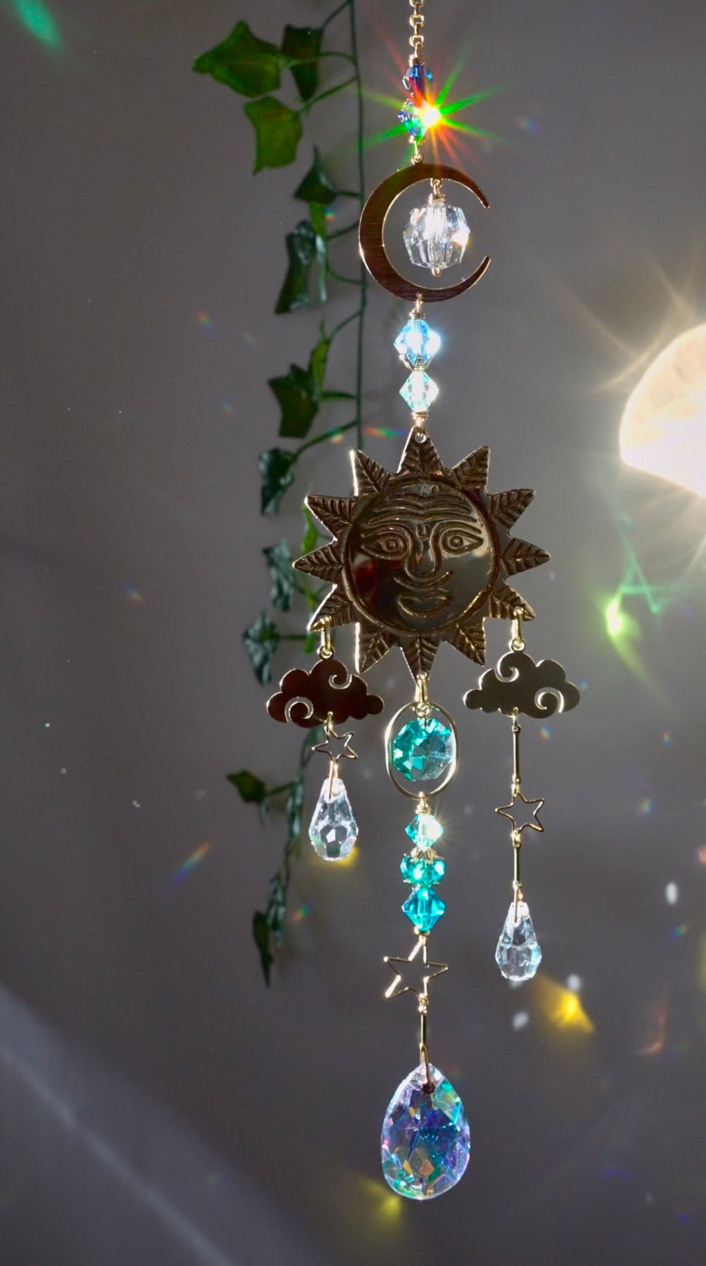 "Sunny Days" ~ Mini Suncatcher, boho witchy room decor made with Brass and Crystal Prisms
