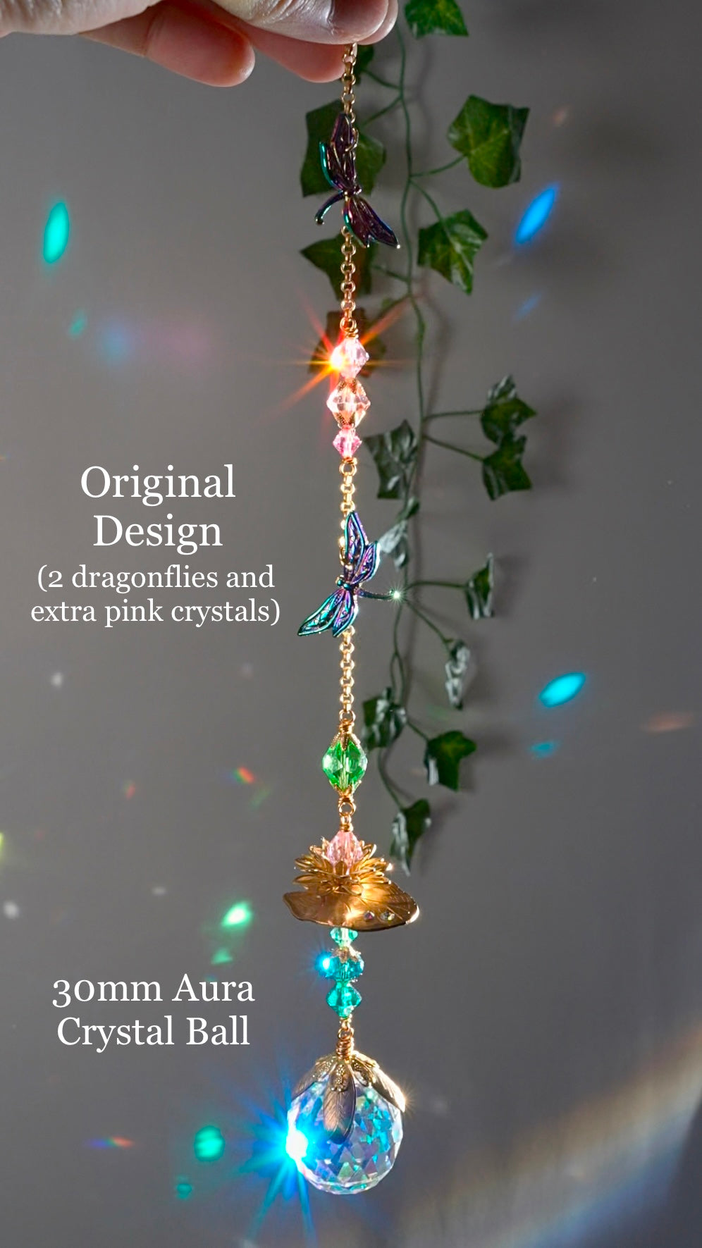 Lotus Lilypad Dragonfly Crystal Ball Suncatcher, Window Charm made with ombré prisms and Brass