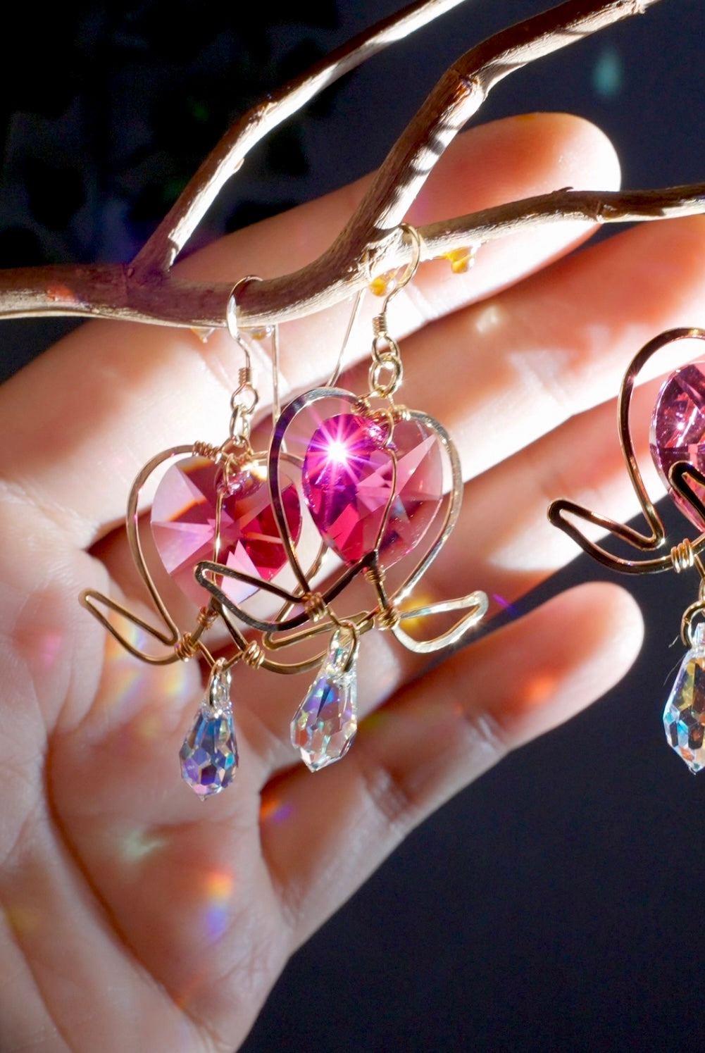 Preorder- Medium Bleeding Heart Flower Earrings — Choose Your Metal & Crystal Color