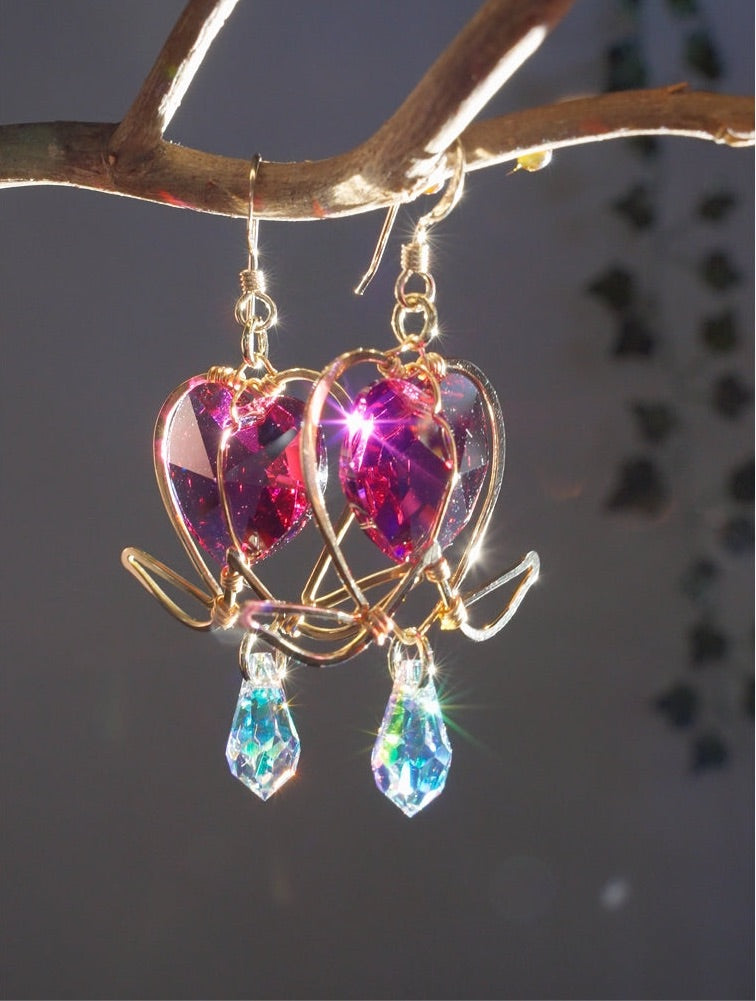 Preorder- Medium Bleeding Heart Flower Earrings — Choose Your Metal & Crystal Color