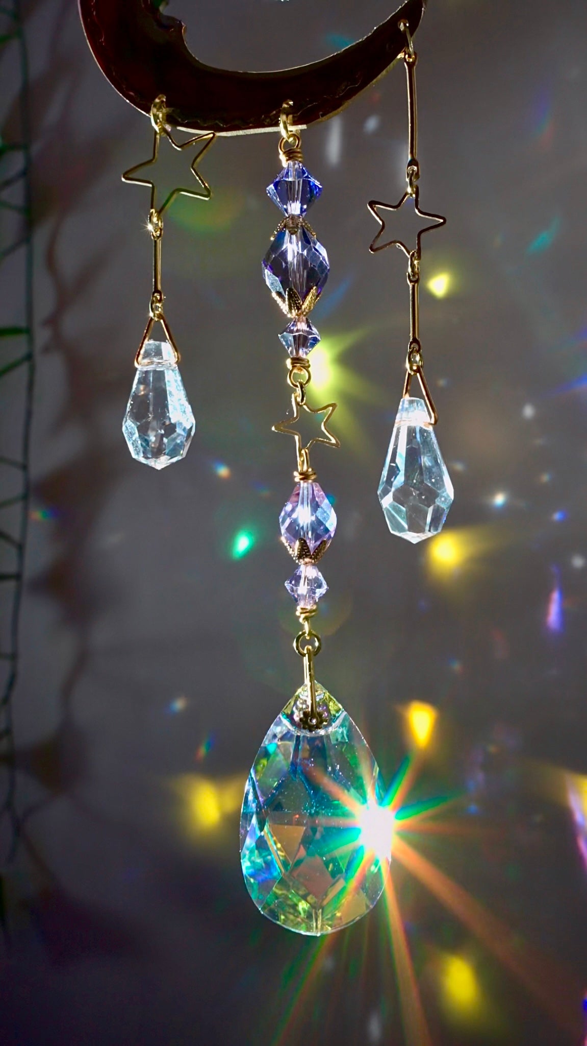 "Moon Gazer" ~ Mini Suncatcher, boho witchy room decor made with Brass and Crystal Prisms