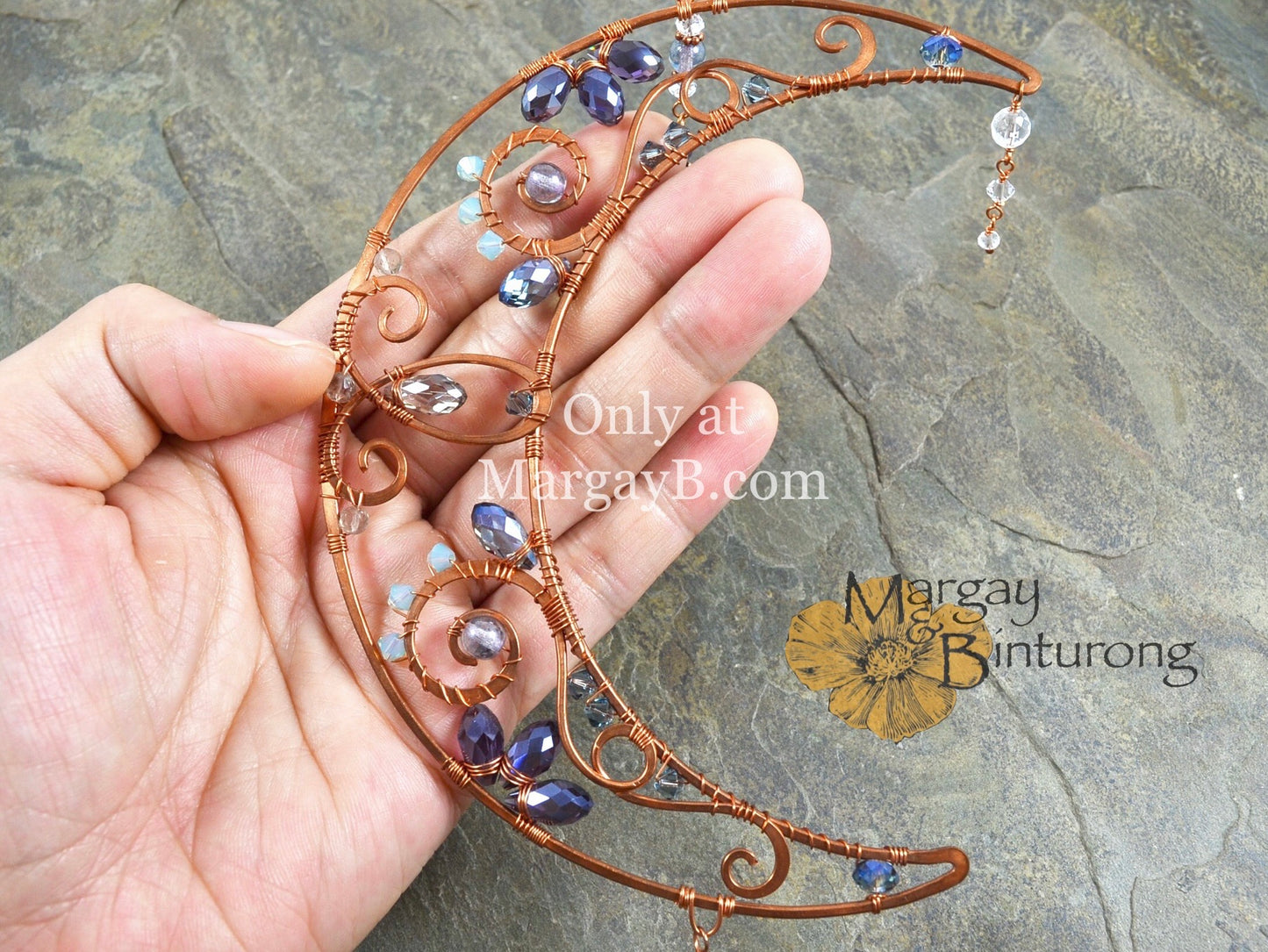 Crescent Moon Suncatcher Handmade with Wire Wrapped Crystal prism rainbow makers