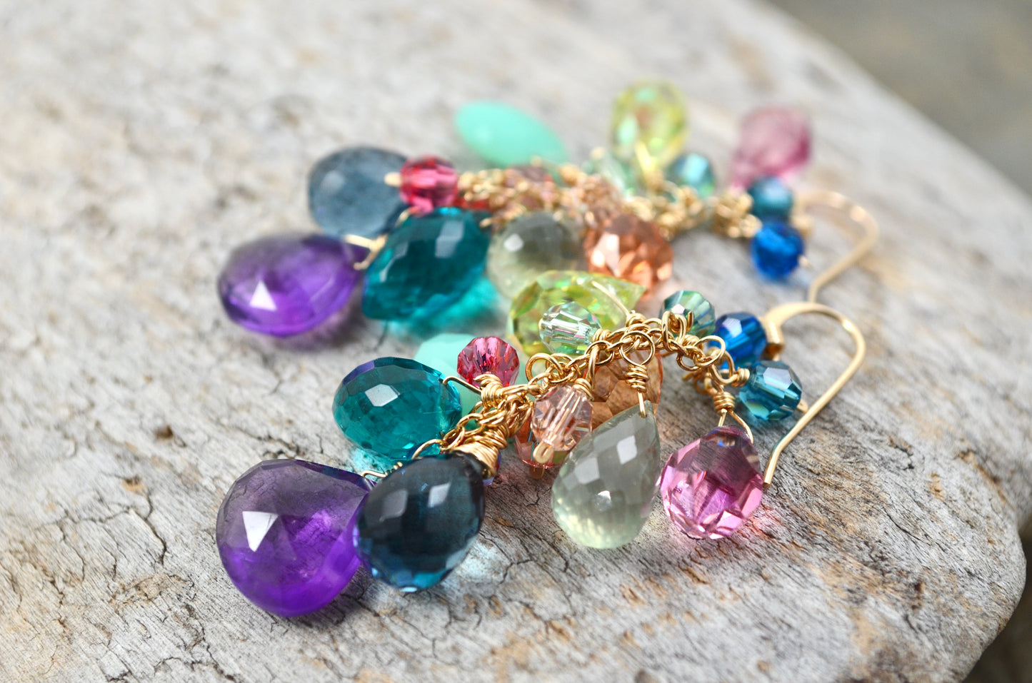 Rainbow gradient waterfall cluster earrings with gemstone and Crystal prisms
