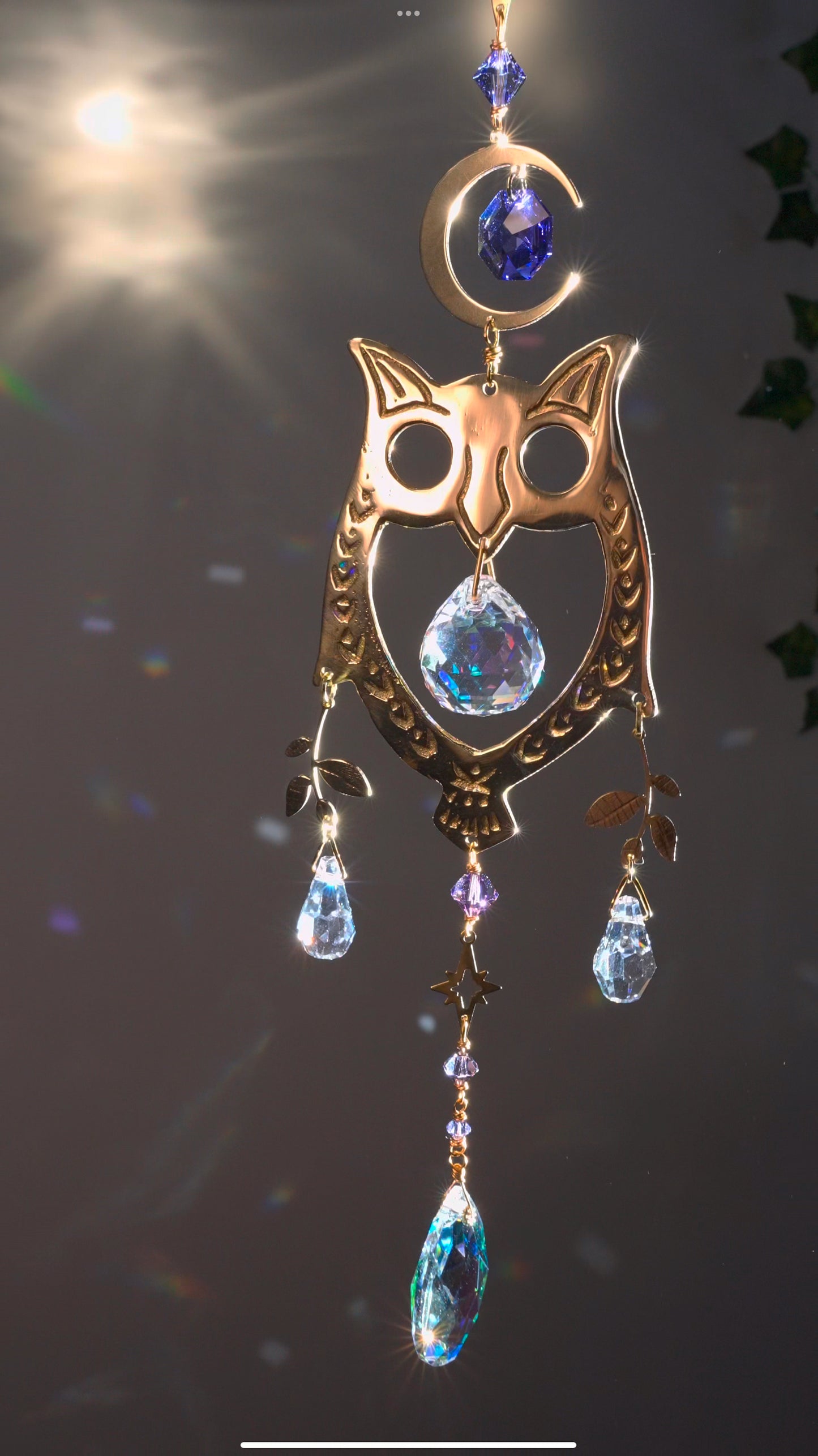 "Night Owl" ~ Mini Suncatcher, boho witchy room decor made with Brass and Crystal Prisms