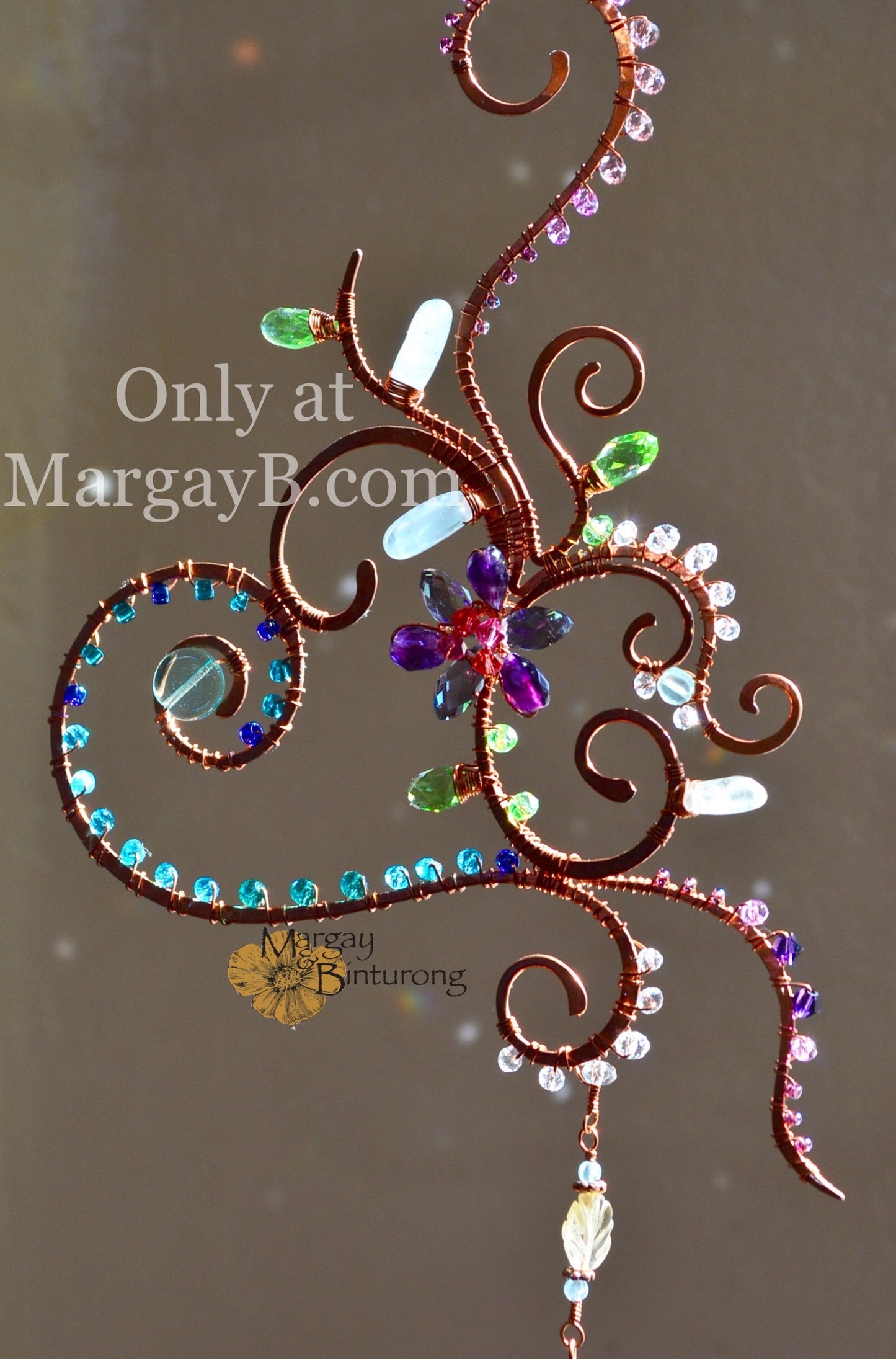 Heart Vine Flower Suncatcher with Wire Wrap Gemstone and Crystal prisms