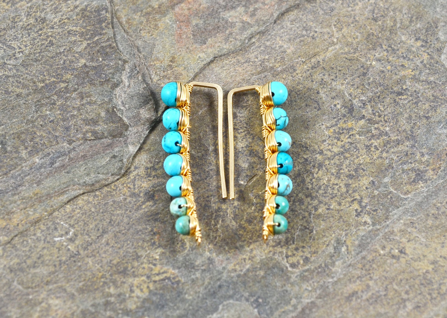 Turquoise Ear Climbers in Sterling Silver or 14k Gold Fill, December Birthstone gemstone earrings