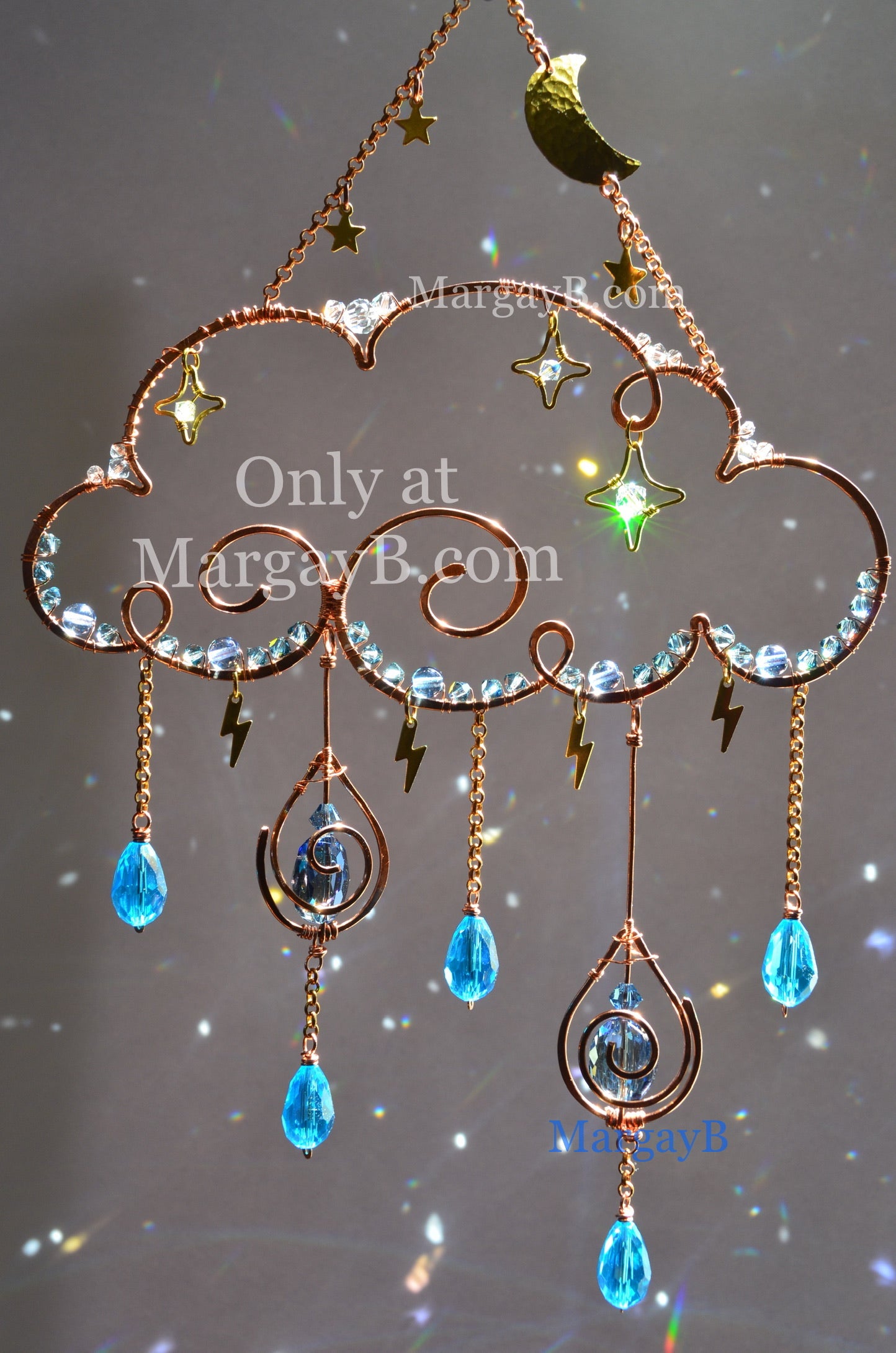 Rain Cloud Suncatcher with Moon, Stars, Lightning, and Crystal Raindrops