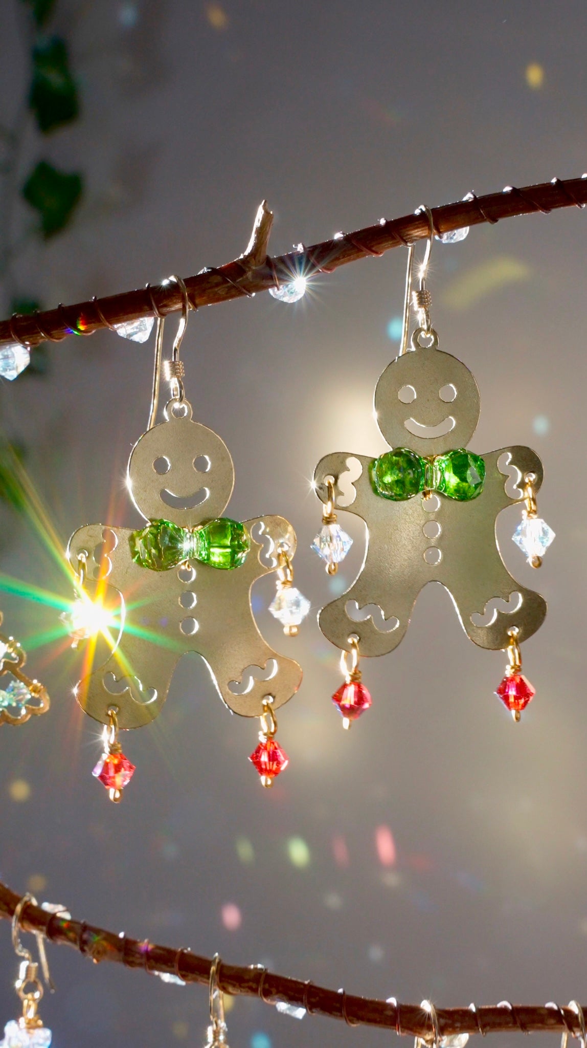 Gingerbread Man Earrings ~ Brass and crystal prism drops for Xmas or Yuletide