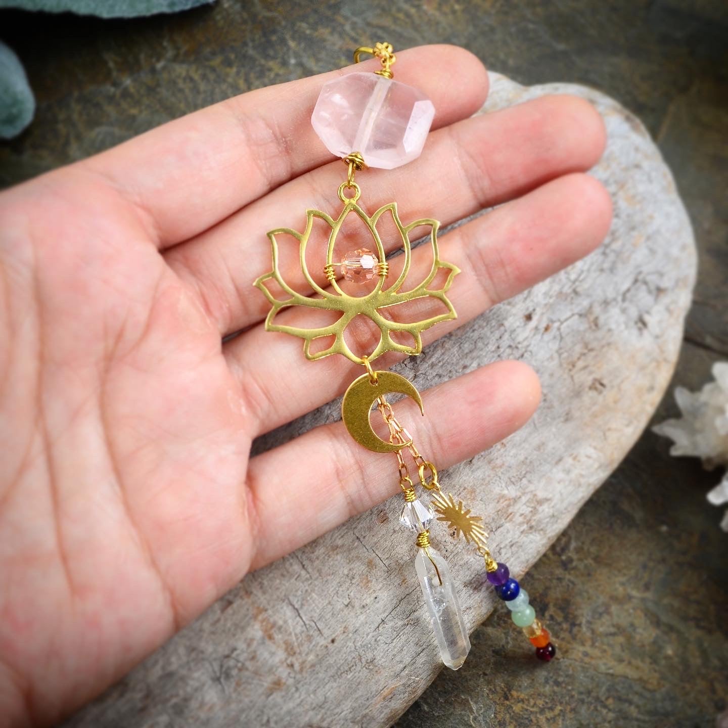 Lotus Chakra Rearview Mirror Car Charm, Rose Quartz Aura Quartz point Sun Moon car crystal accessories