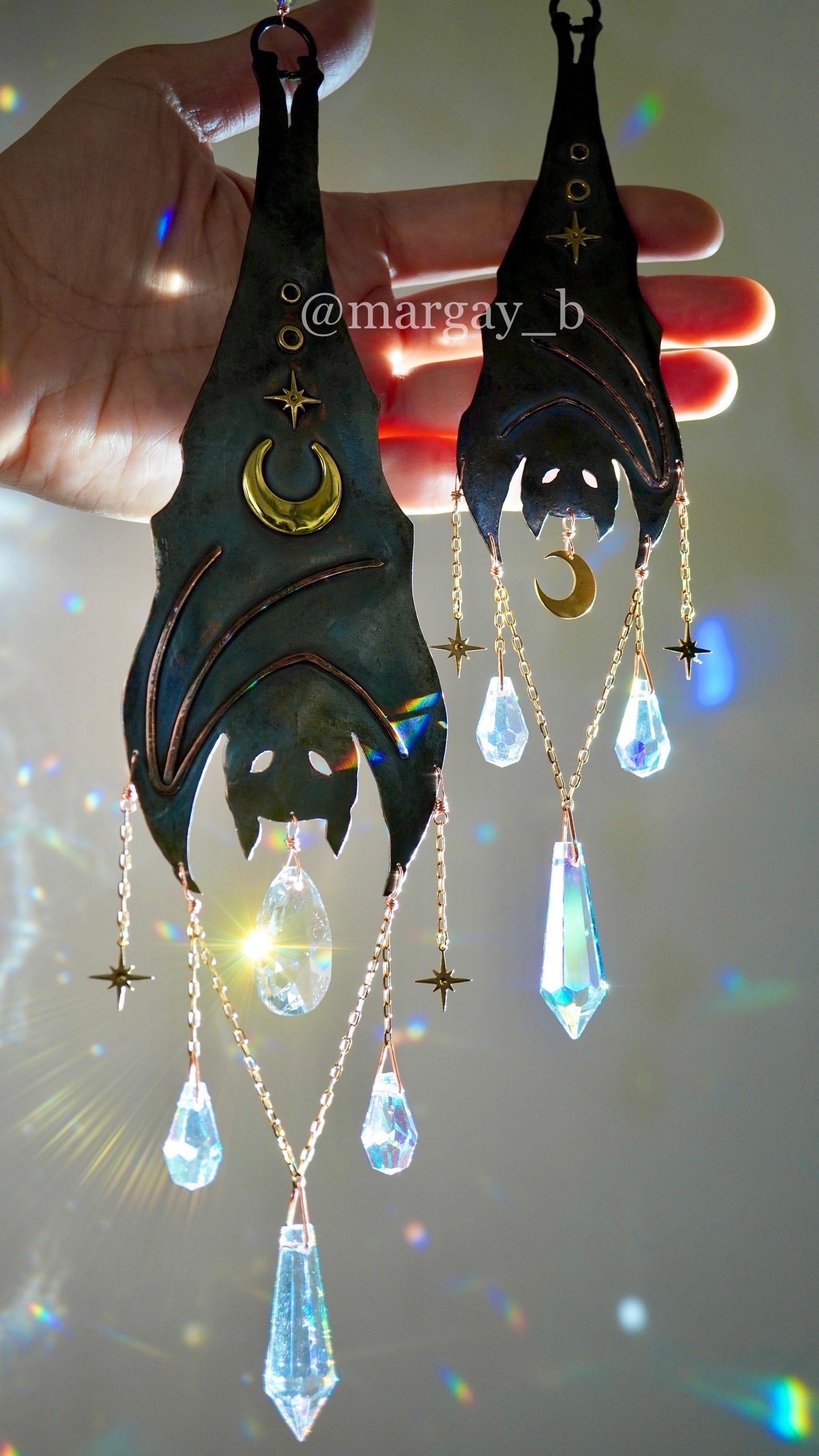 Nocturne~ Price break for Full Set of 3 Hanging Bats ~ Copper Crystal Suncatcher, witchy Halloween celestial room decor rainbow maker