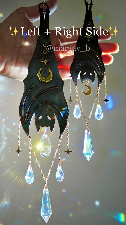 Nocturne~ Set of 2 Larger + Mini Hanging Bats ~ Copper Crystal Suncatcher, witchy Halloween celestial room decor rainbow maker