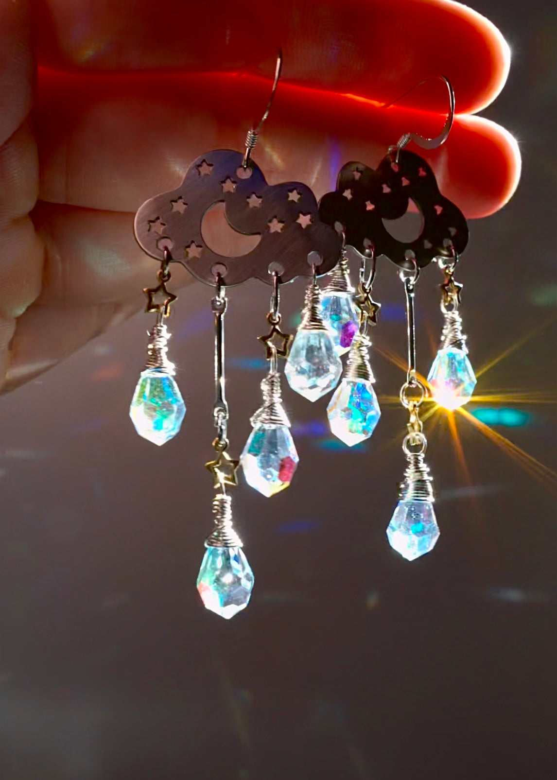 Aura Crystal Rain Cloud earrings~ Stainless Steel, Sterling Silver, and Brass