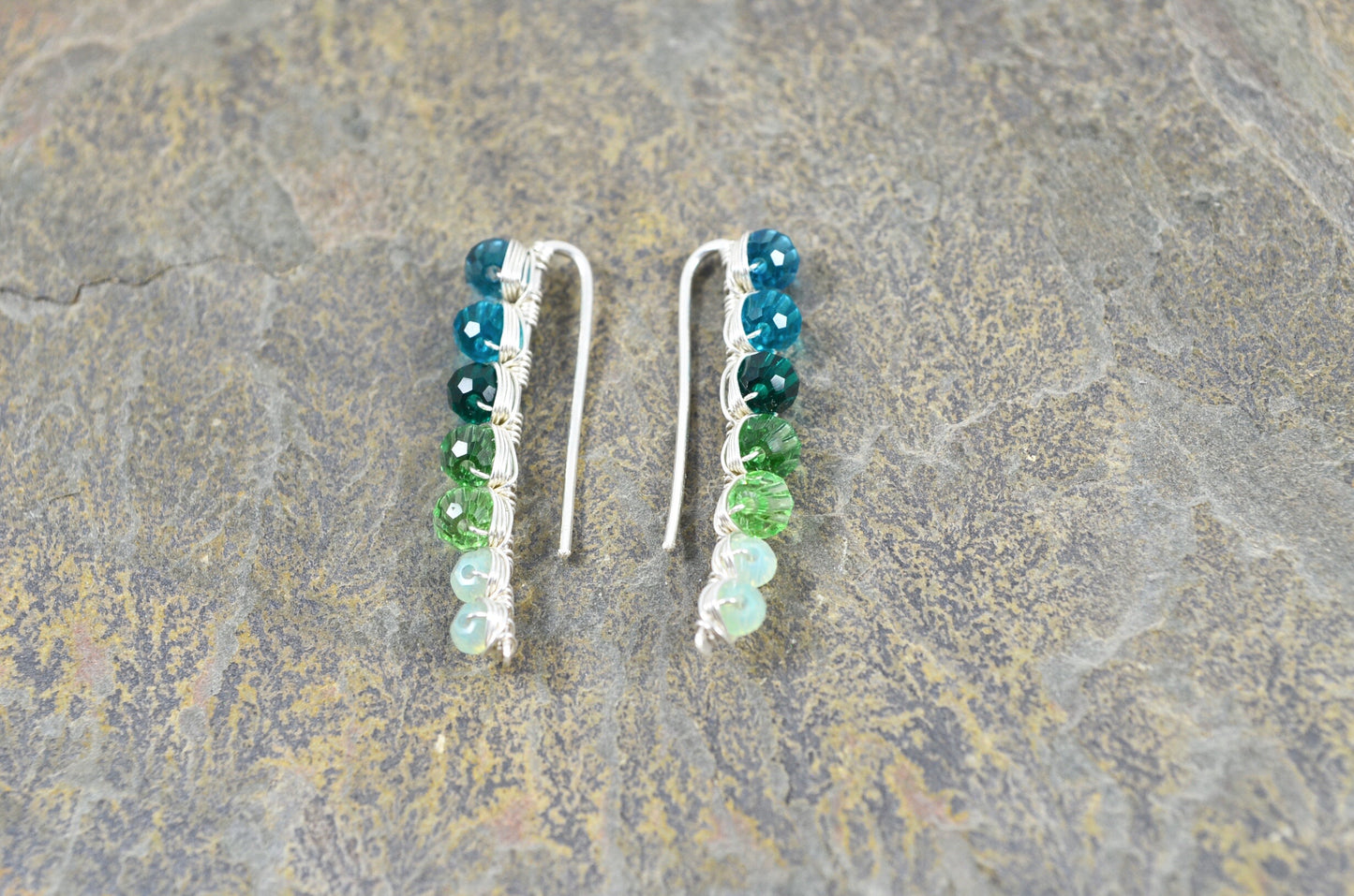 Teal Emerald Green ombré Crystal Ear Climbers in Sterling Silver or 14k Gold Fill, ear crawler earrings