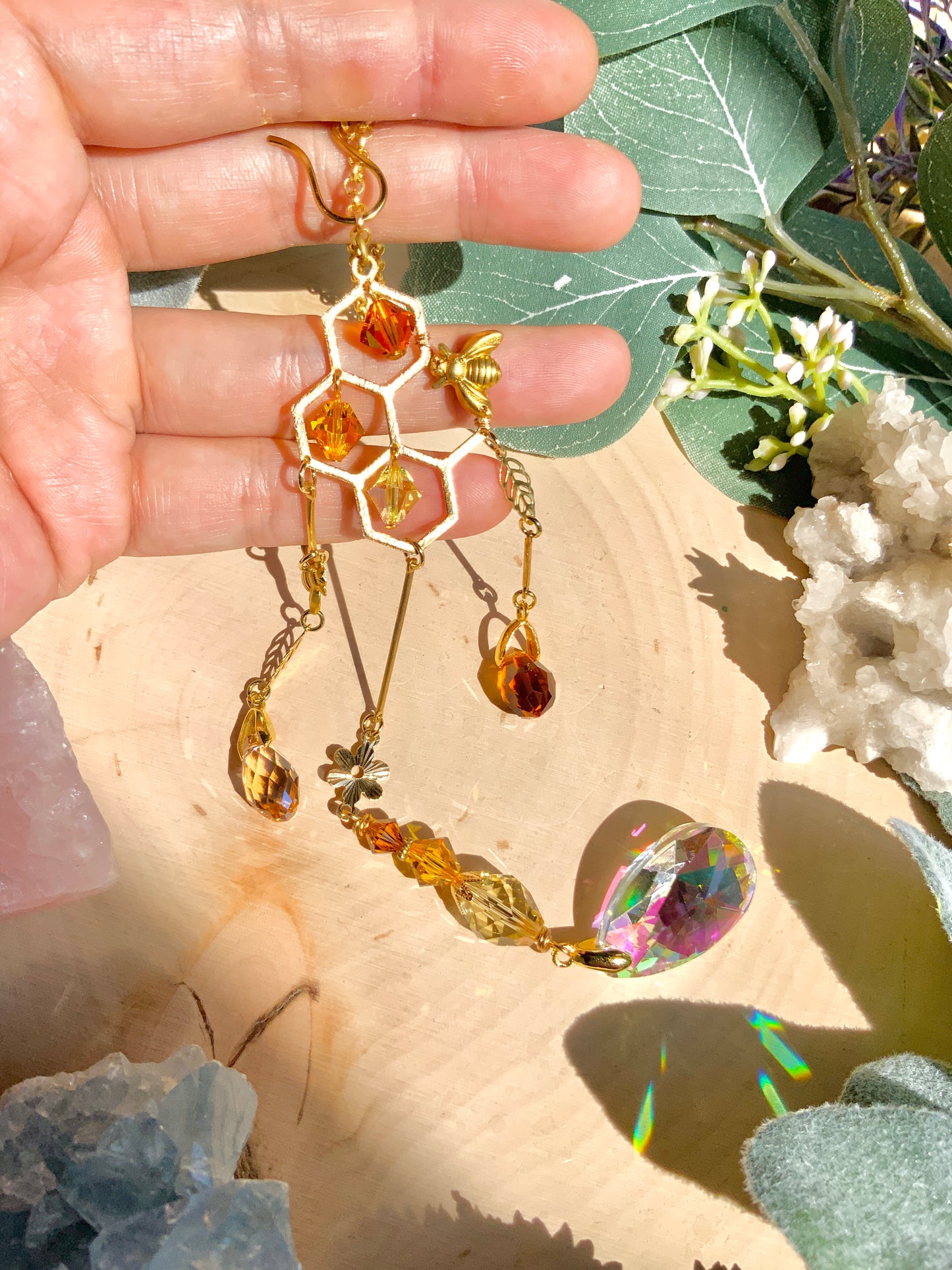 18k Gold-Plated Honeycomb Bee Car Charm with ombré Crystal prisms for car mirror accessories