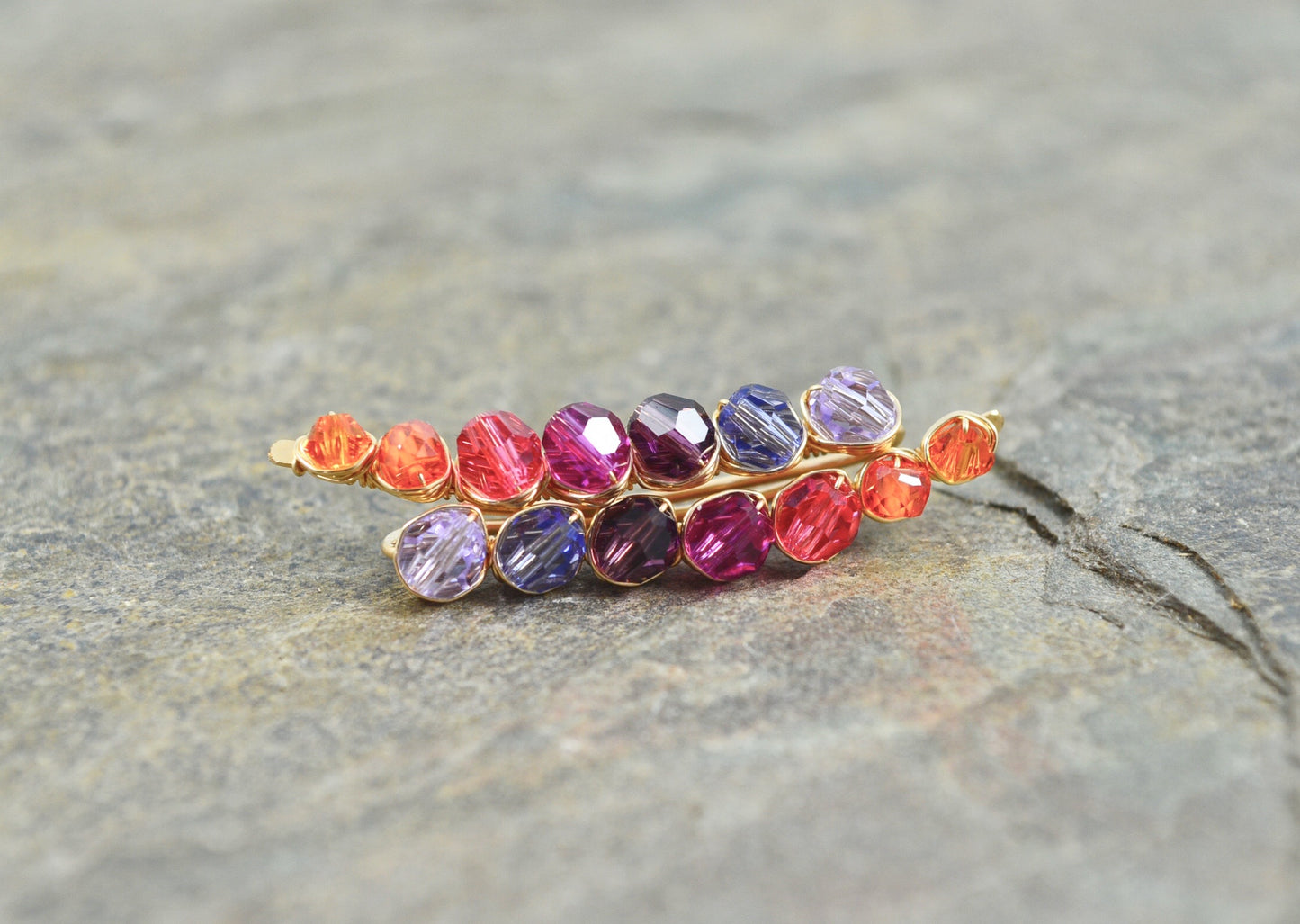 Sunset inspired ombré Crystal Ear Climbers in Sterling Silver or 14k Gold Fill, ear crawler earrings