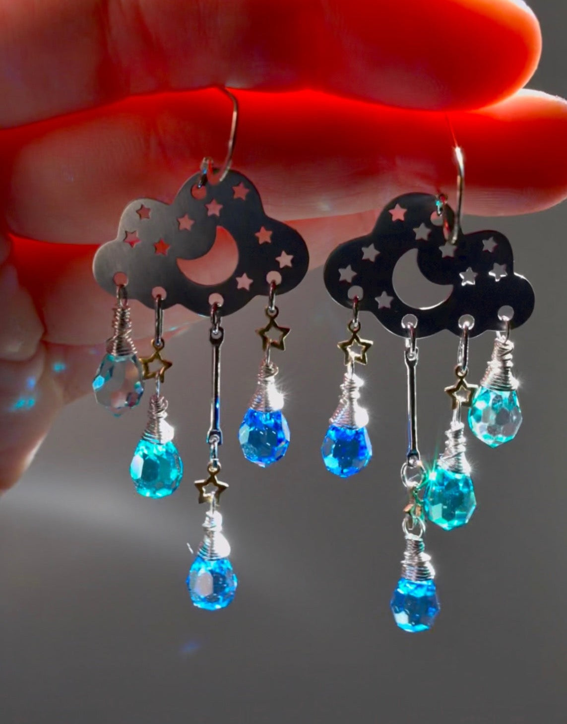Steel Rain Cloud Earrings with ombré gradient blue crystal raindrops