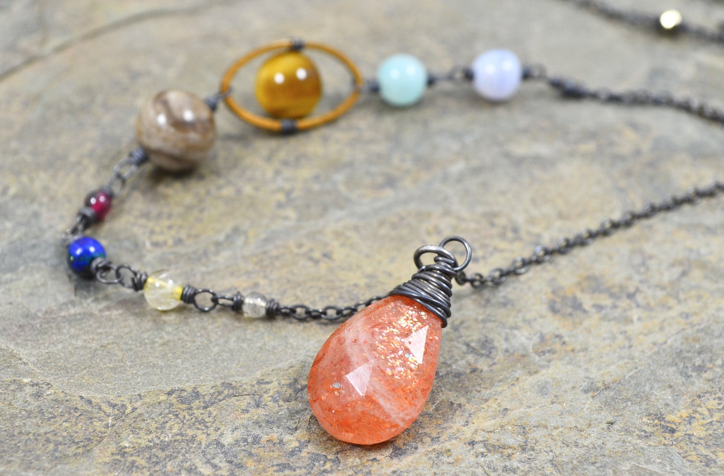 Solar System Necklace made with gemstones in Sterling Silver