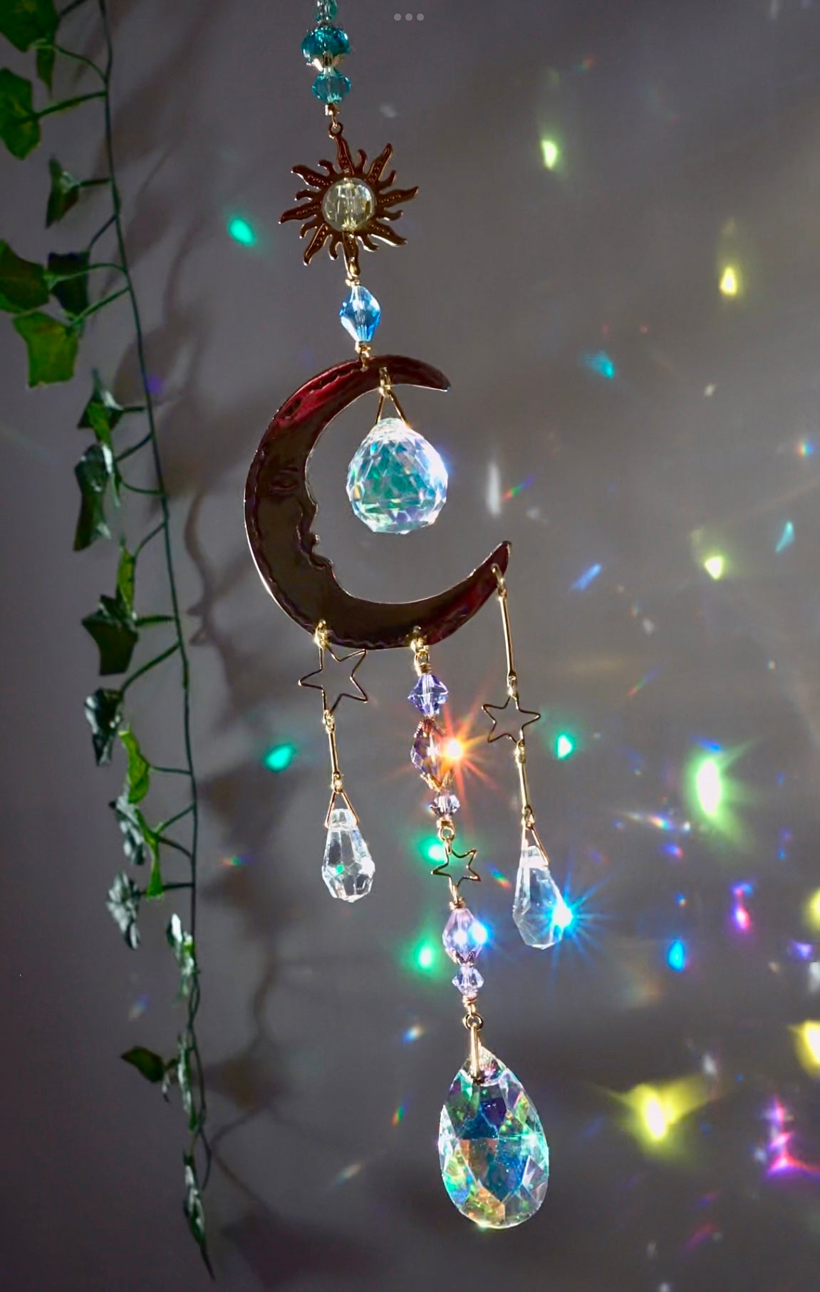"Moon Gazer" ~ Mini Suncatcher, boho witchy room decor made with Brass and Crystal Prisms